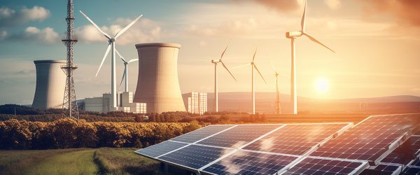 Sunset sky powers wind and solar energy generated by artificial intelligence